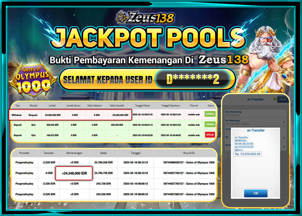 ZEUS138 GATES OF OLYMPUS 1000 Rp.23.500.000,- LUNAS